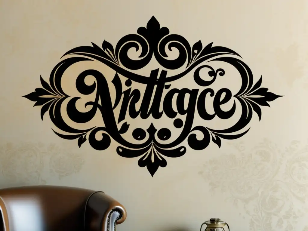 Vinilo decorativo con escritura gótica en pared texturizada, evocando elegancia y encanto histórico