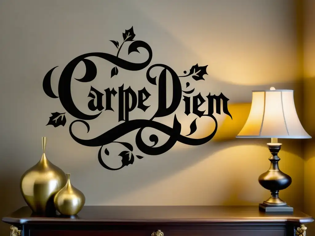 Un vinilo decorativo con escritura gótica 'Carpe Diem' en una pared texturizada, evocando sofisticación y encanto histórico