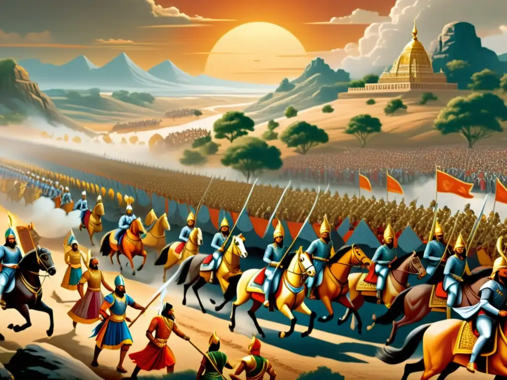 Una ilustración vintage del campo de batalla de Kurukshetra del Mahabharata, con guerreros épicos, carros y seres divinos en detalle