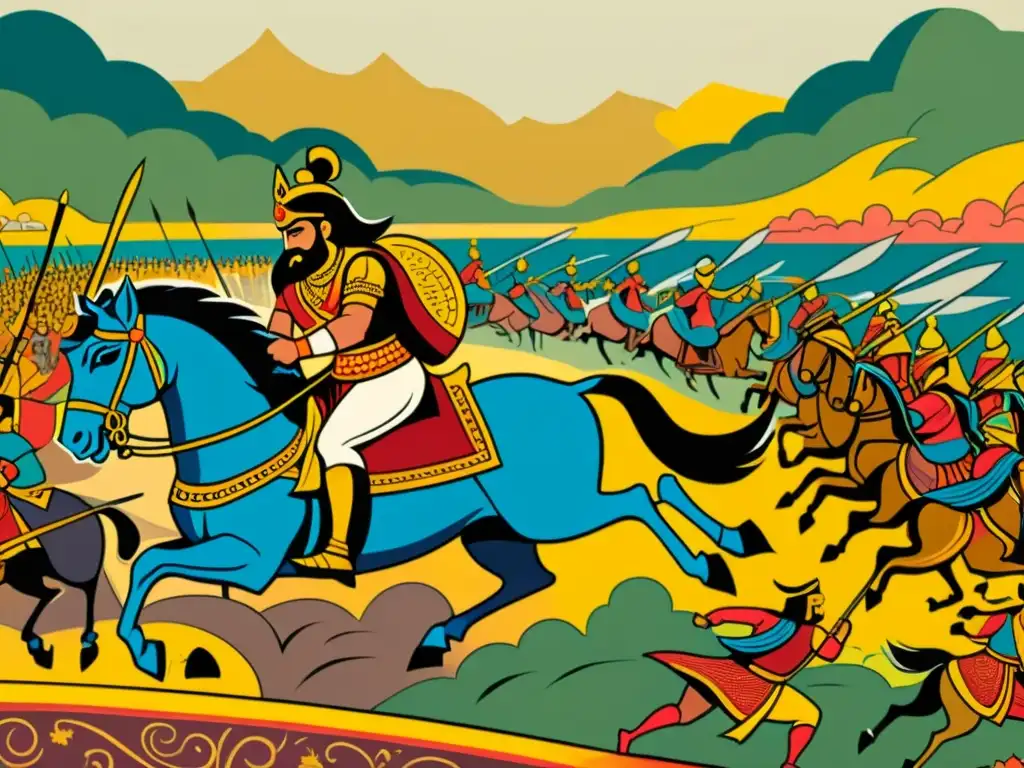 Una ilustración vintage del épico Mahabharata, con la legendaria batalla de Kurukshetra detallada y vibrante