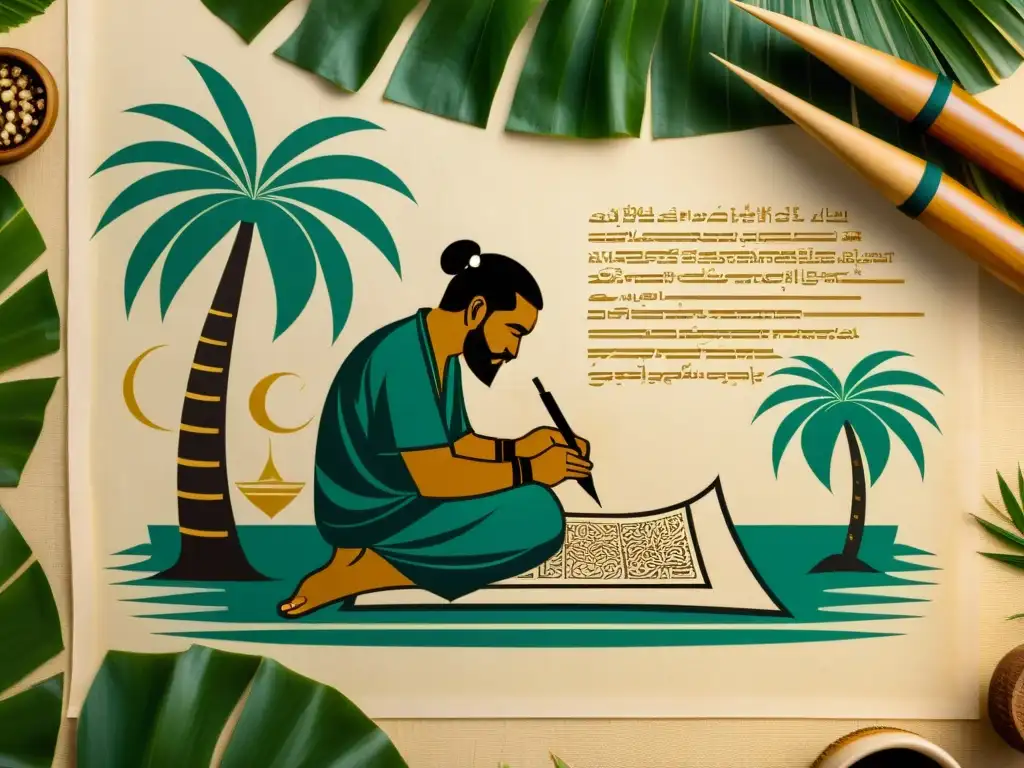 Un ilustración vintage de un escriba maldiviano tradicional creando con meticulosidad caracteres Thaana en un pergamino, rodeado de elementos simbólicos que evocan la tradición y artesanía de la escritura Thaana en Maldivas