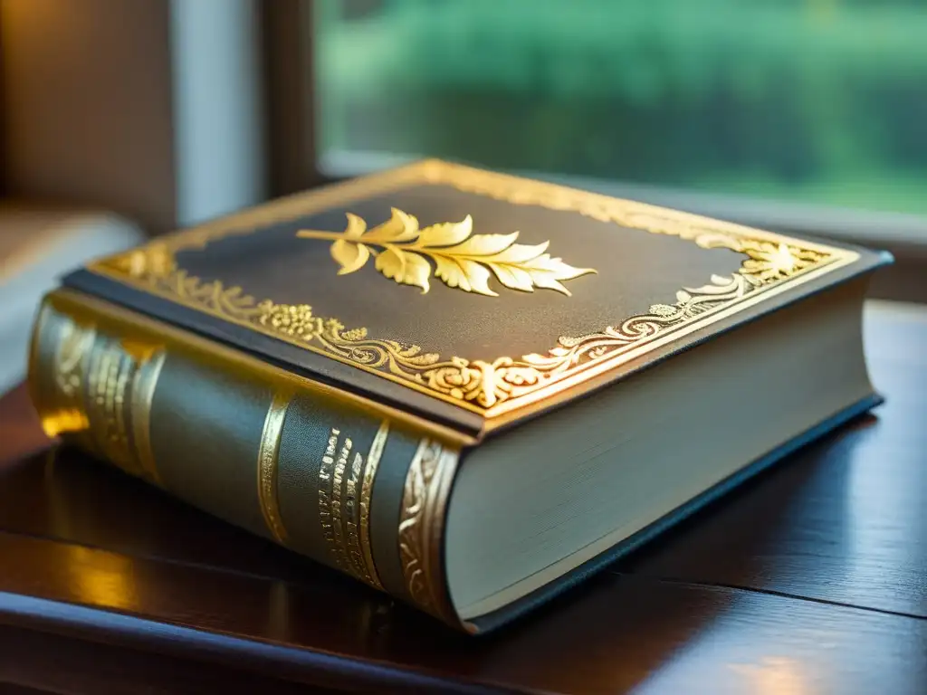 Una fotografía sepia vintage de un libro de cuero envejecido con detalles de hojas de oro