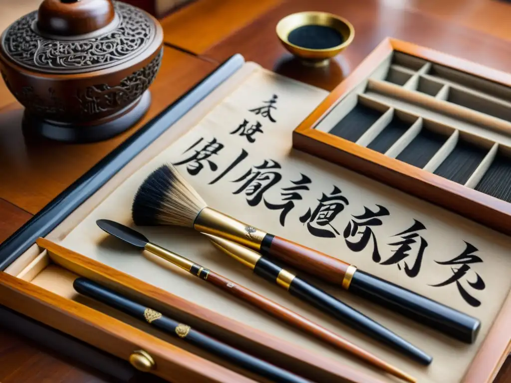 Una vista cercana en alta resolución de un antiguo set de caligrafía china, evocando belleza y artesanía atemporal