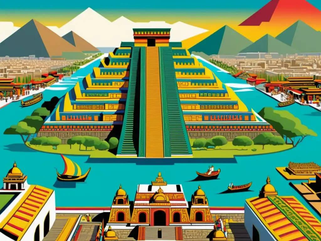 Vista impresionante de la Perspectiva italiana mundo azteca, con Tenochtitlan y el Templo Mayor entre montañas nevadas