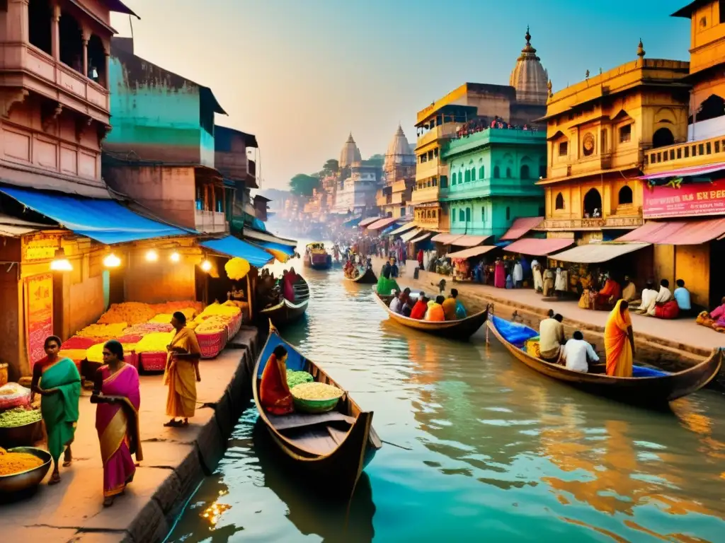 Vista nostálgica de Varanasi con mujeres en saris, vacas sagradas y murales hindúes, evocando la riqueza cultural de la ciudad