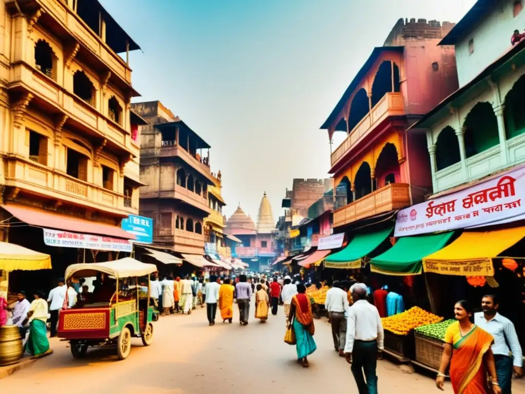 Vista vibrante de Varanasi, India, con edificios coloridos y mercados tradicionales